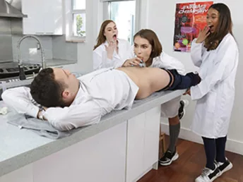The girls reveal they have come up with a potion that will create a four hour erection! They apply it to the lucky guys boner and share his prick, deep-throating and drooling on it before taking turns enjoying cunt cramming cock rides. Then, they tease a 