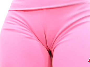 Busty Blonde Teen Flashes Deep Cameltoe Slit in Taut Spandex