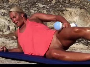 Blonde milf working out nude on the beach looking amazingly super hot